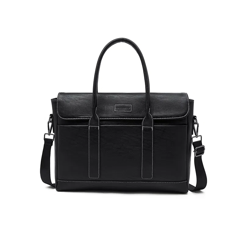 老人头 简约轻便商务设计时尚高级感纯色通勤大容量单肩斜挎包 合成革 公文包 男款 黑色