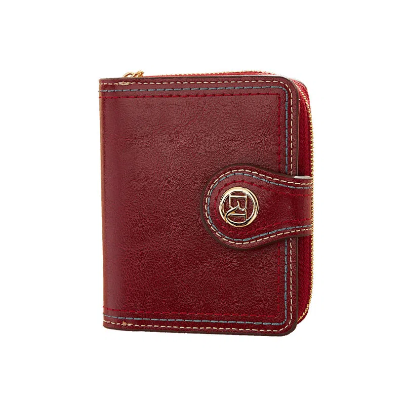 老人头 复古时尚精致多卡位折叠短款 合成革 钱包 女款 黑色/红色