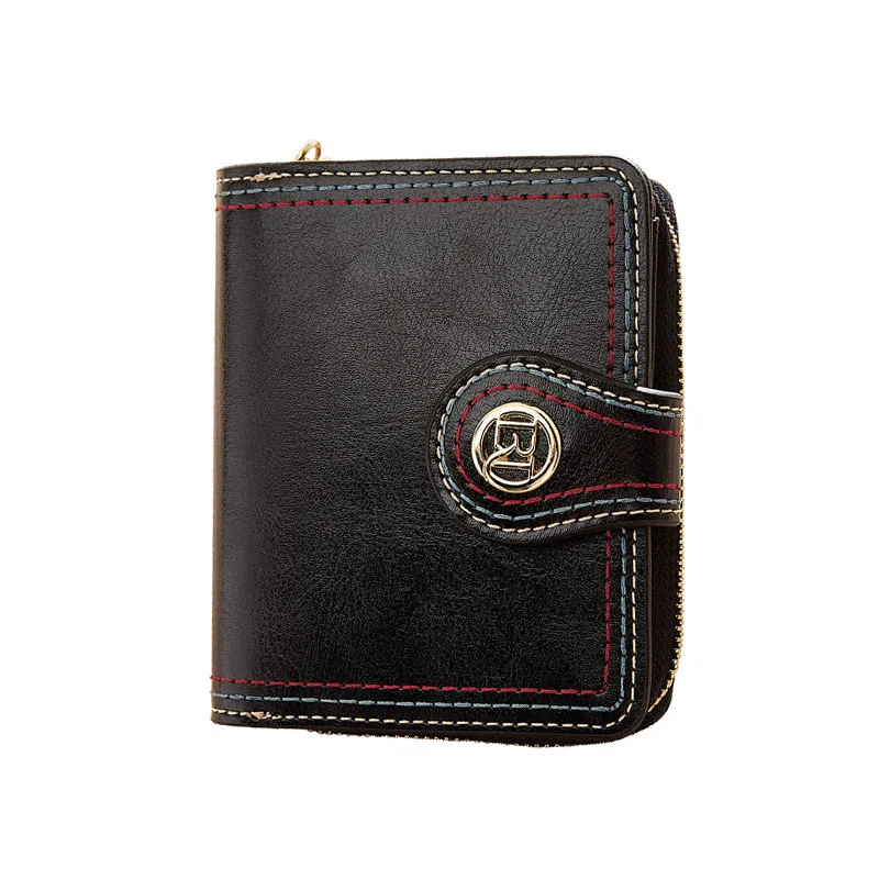 老人头 复古时尚精致多卡位折叠短款 合成革 钱包 女款 黑色/红色