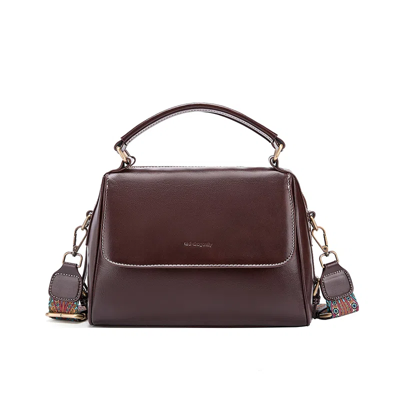 红蜻蜓 复古风简约设计高级感小众设计日常通勤 牛皮 单肩斜挎手提包 常规 女款 咖啡色/米白色