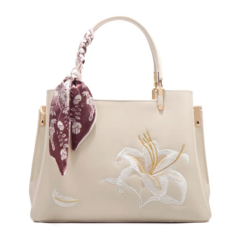 老人头 国风新中式刺绣优雅高级通勤 合成革 单肩斜挎手提包 常规 女款 百合米白