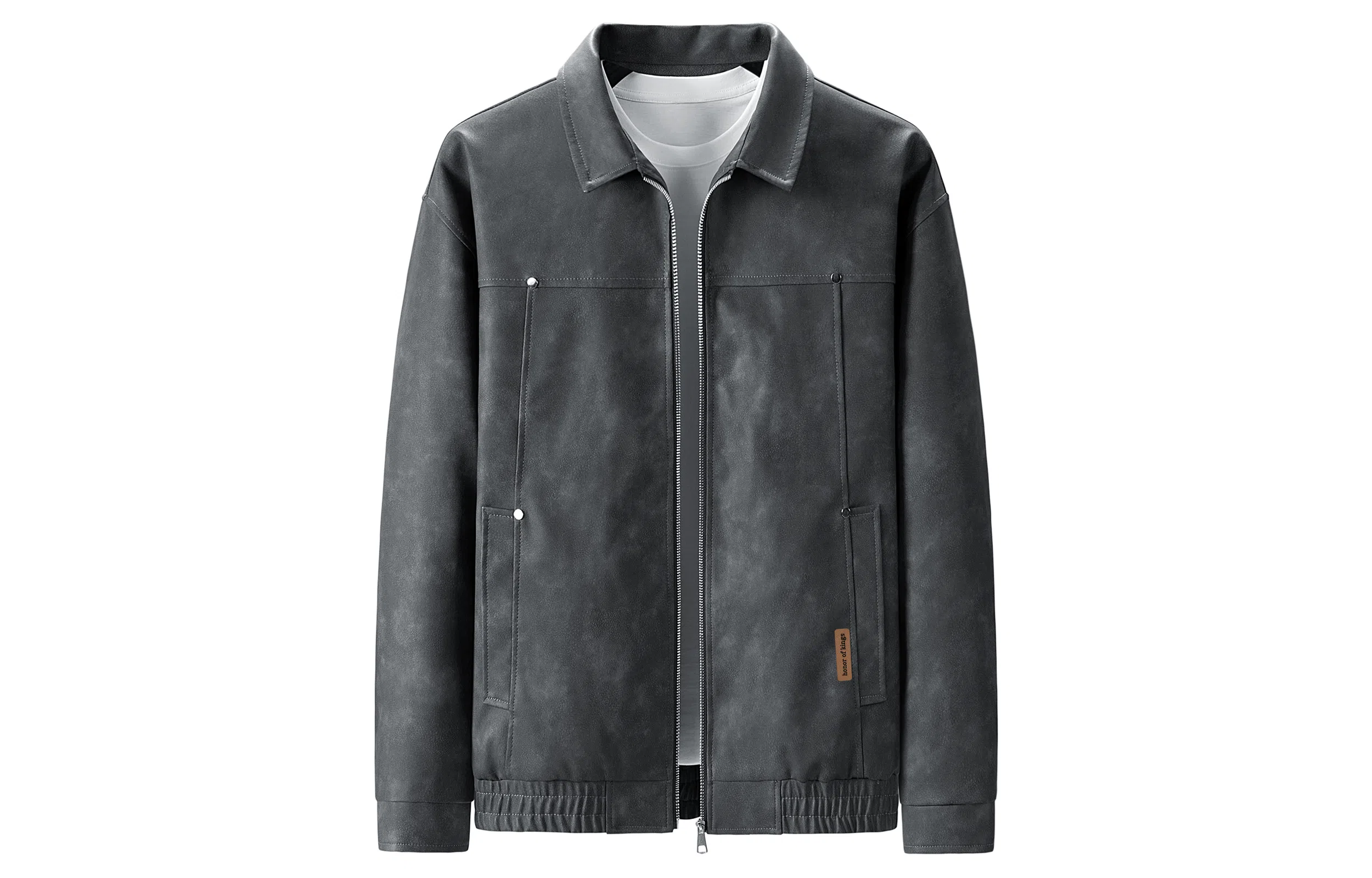 王者荣耀 美式复古翻领机车风铆钉拼接设计简约痞帅脏脏宽松休闲百搭夹克皮衣 标语款 男女同款