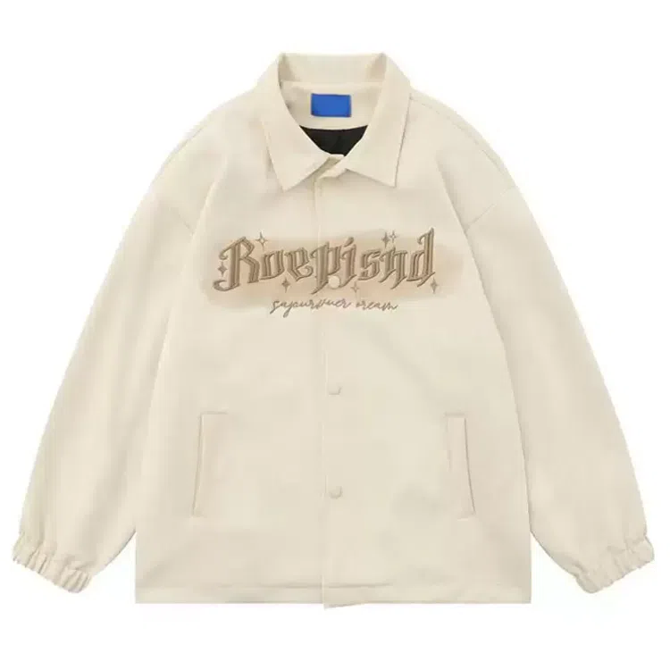 沐诚阳译  麂皮绒美式复古刺绣外套女春秋国潮牌情侣翻领夹克棒球服  男女同款