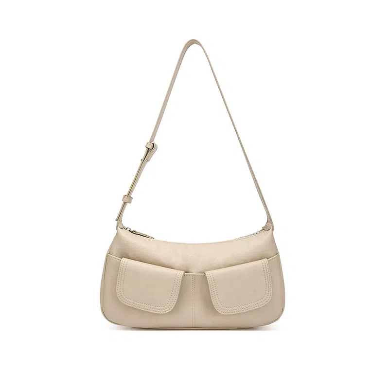 红蜻蜓 高级感学院风通勤百多口袋包工装潮流 牛皮 单肩包 女款 咖啡色/米白色