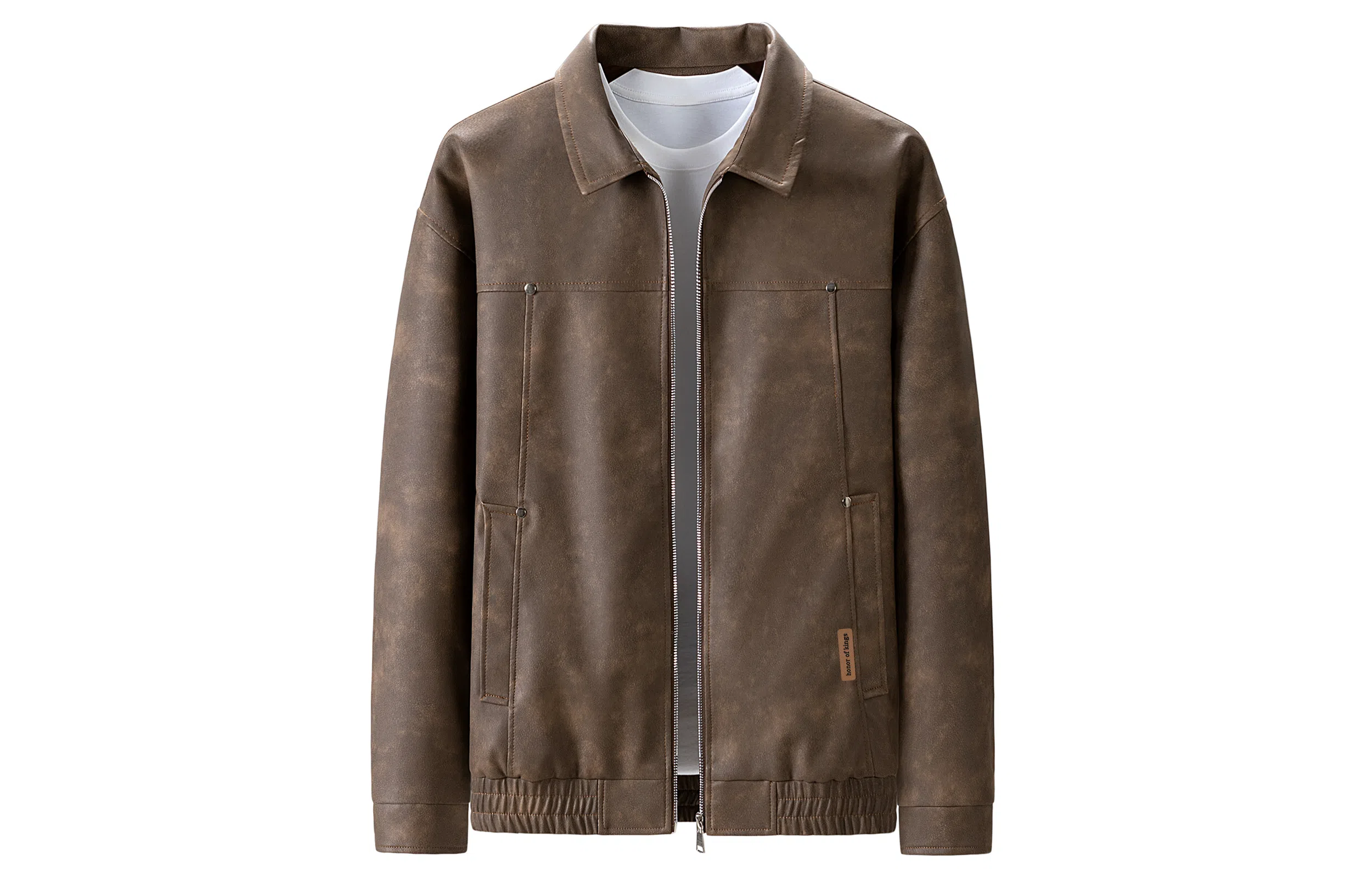 王者荣耀 美式复古翻领机车风铆钉拼接设计简约痞帅脏脏宽松休闲百搭夹克皮衣 标语款 男女同款