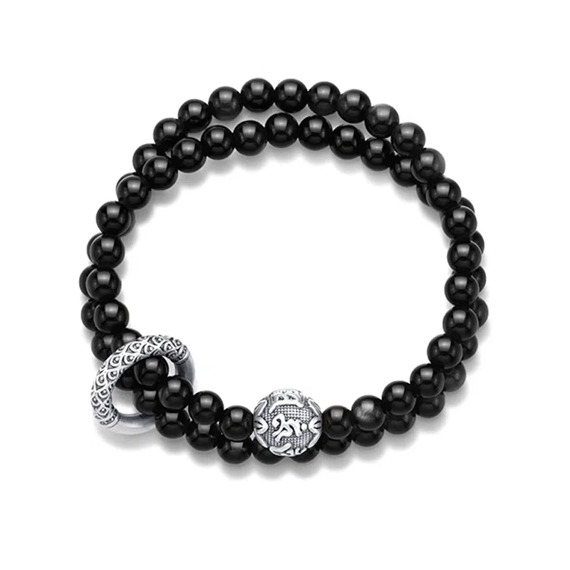 【足银｜7A级曜石】 奥斯坦汀 六字箴言平安扣双层新中式国潮百搭潮流六字箴言小众设计手环饰品#好运 黑曜石 手串 男款