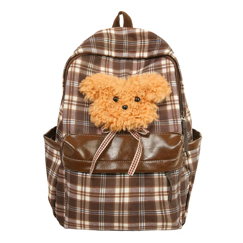 MingLu Classic Plaid Backpack Brown