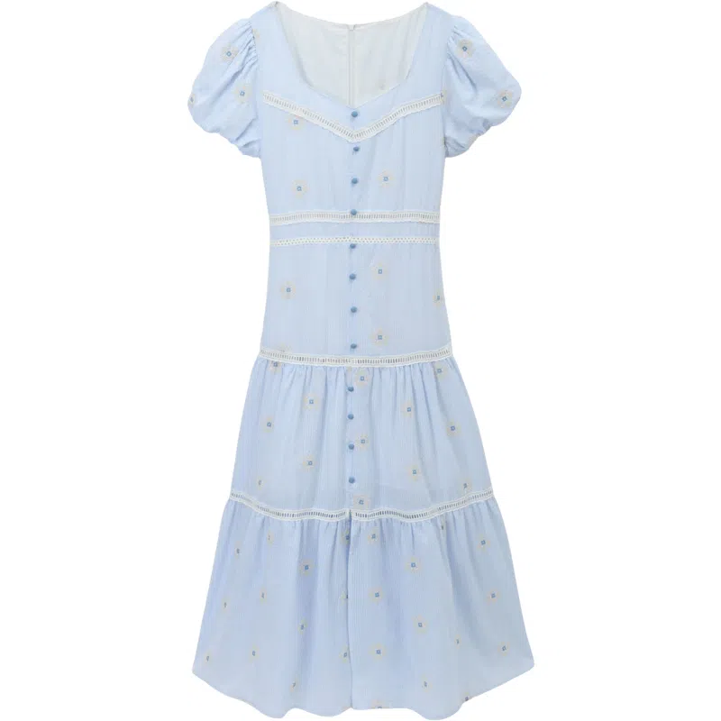 谜秀 甜美刺绣花朵提花常规袖韩版短袖连衣裙 女款