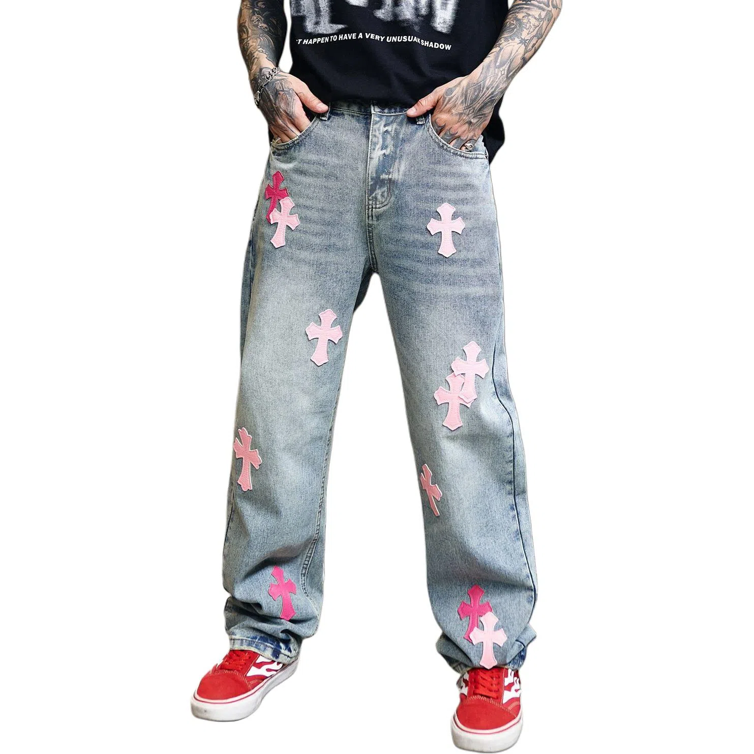 Baomika Vintage Washed Cross Embroidered Jeans