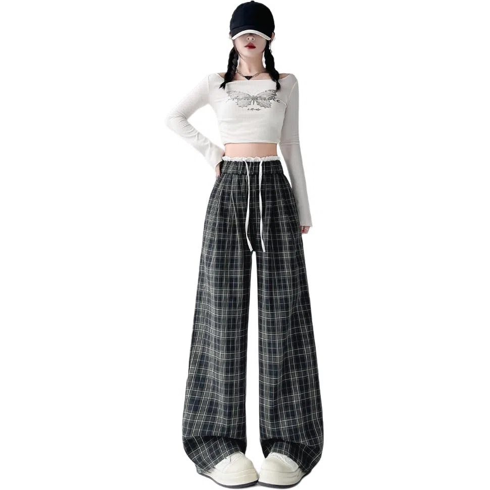 水中花 格子宽松适中高腰阔腿休闲裤 女款