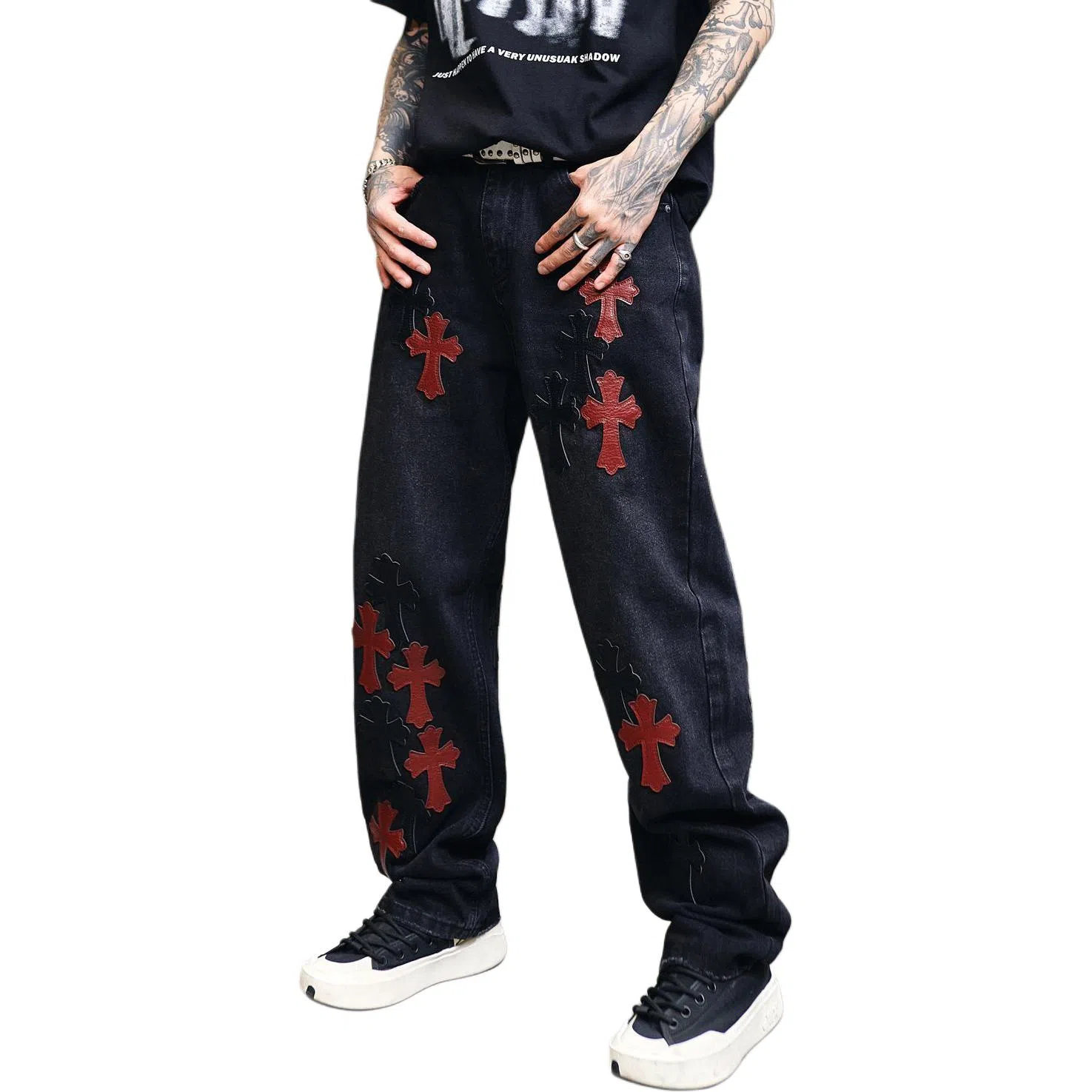 Baomika Vintage Washed Cross Embroidered Jeans