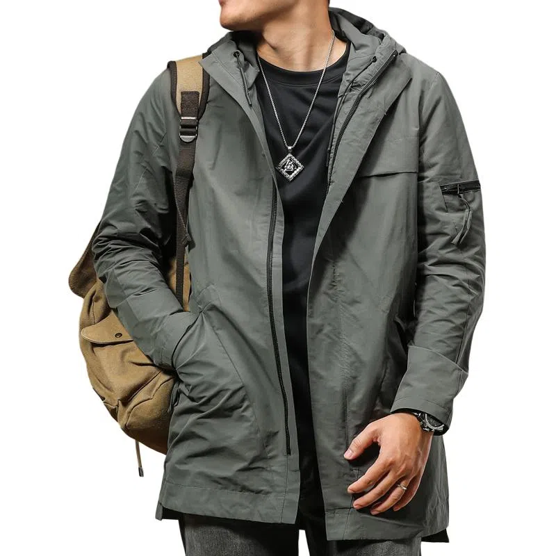 季言 防风连帽纯色中长款大衣 男款