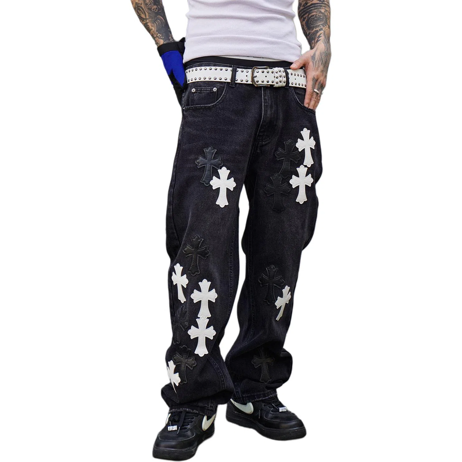 Baomika Vintage Washed Cross Embroidered Jeans