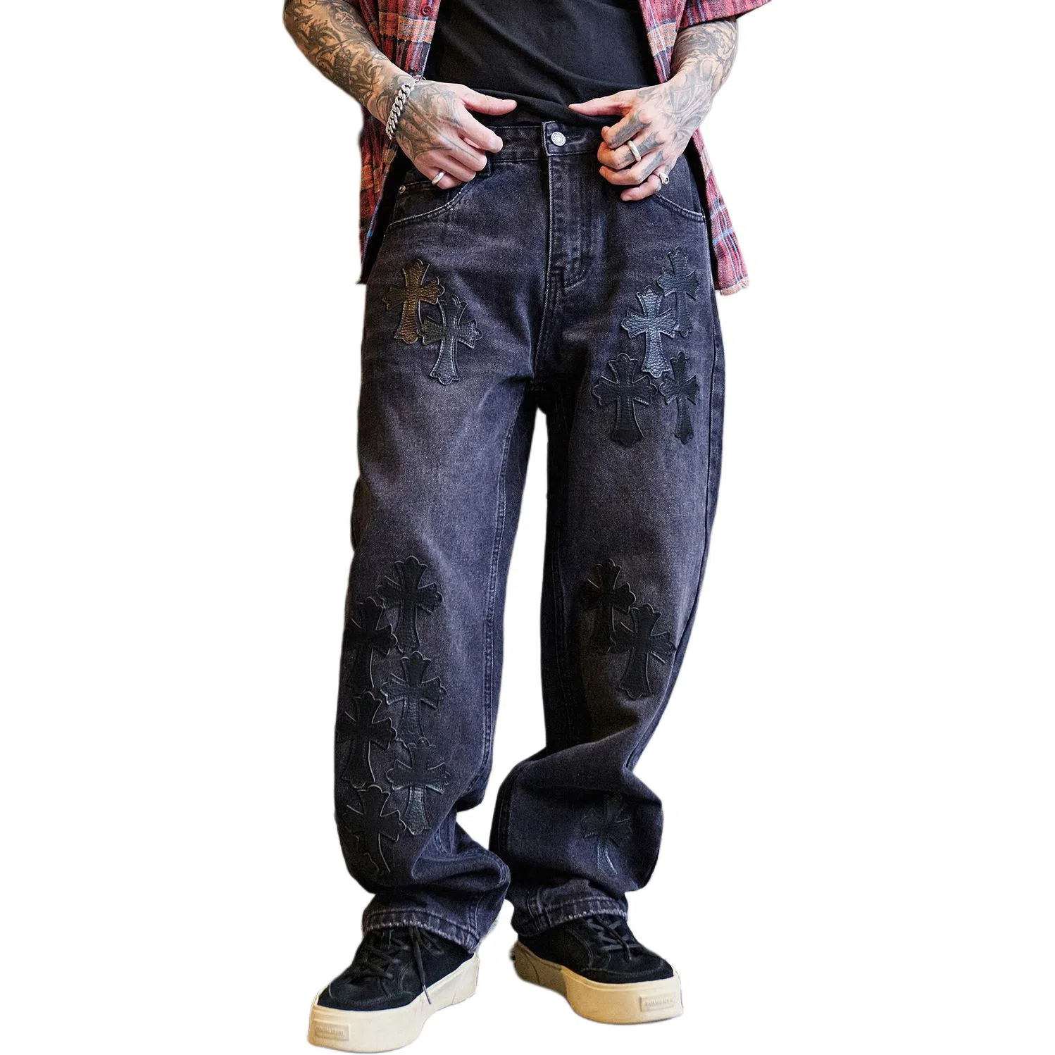 Baomika Vintage Washed Cross Embroidered Jeans