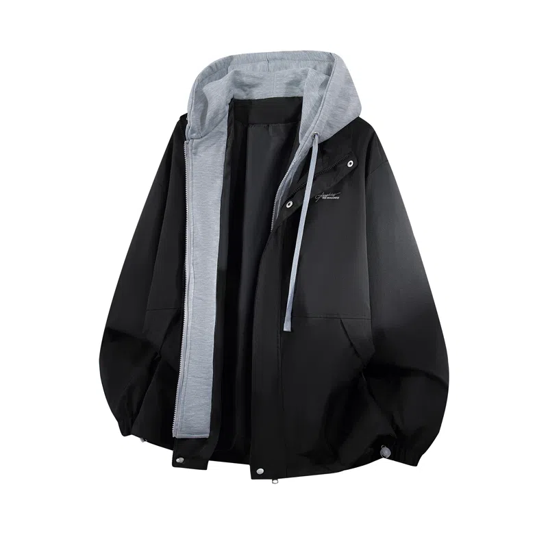 红蜻蜓 美式复古品牌连帽宽松假两件纯色拉链长袖夹克外套 男女同款