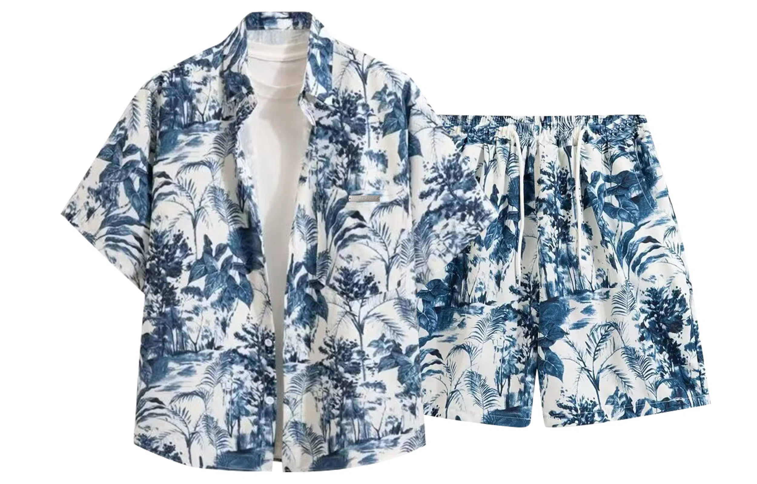 王者荣耀 毕业旅行度假满印金属标森林元素美式高街五分短裤两件套宽百搭时尚痞帅户外通勤宽松舒适透气衬衫套装 标语款 男女同款