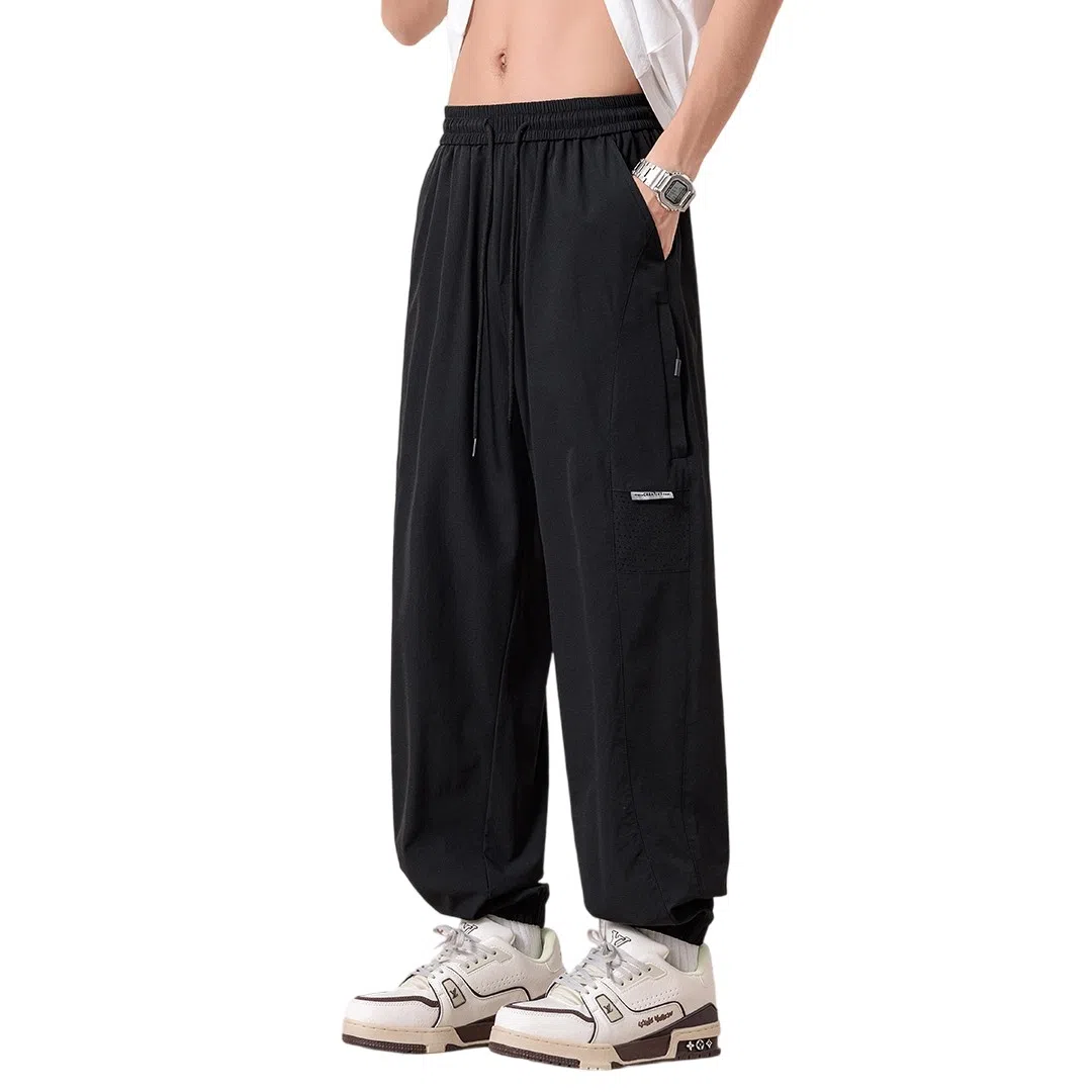 顶峰保罗 冰丝网孔潮牌薄款垂感无性别主义束脚长裤时尚百搭设计感直筒宽松运动抽绳大码休闲裤 男女同款