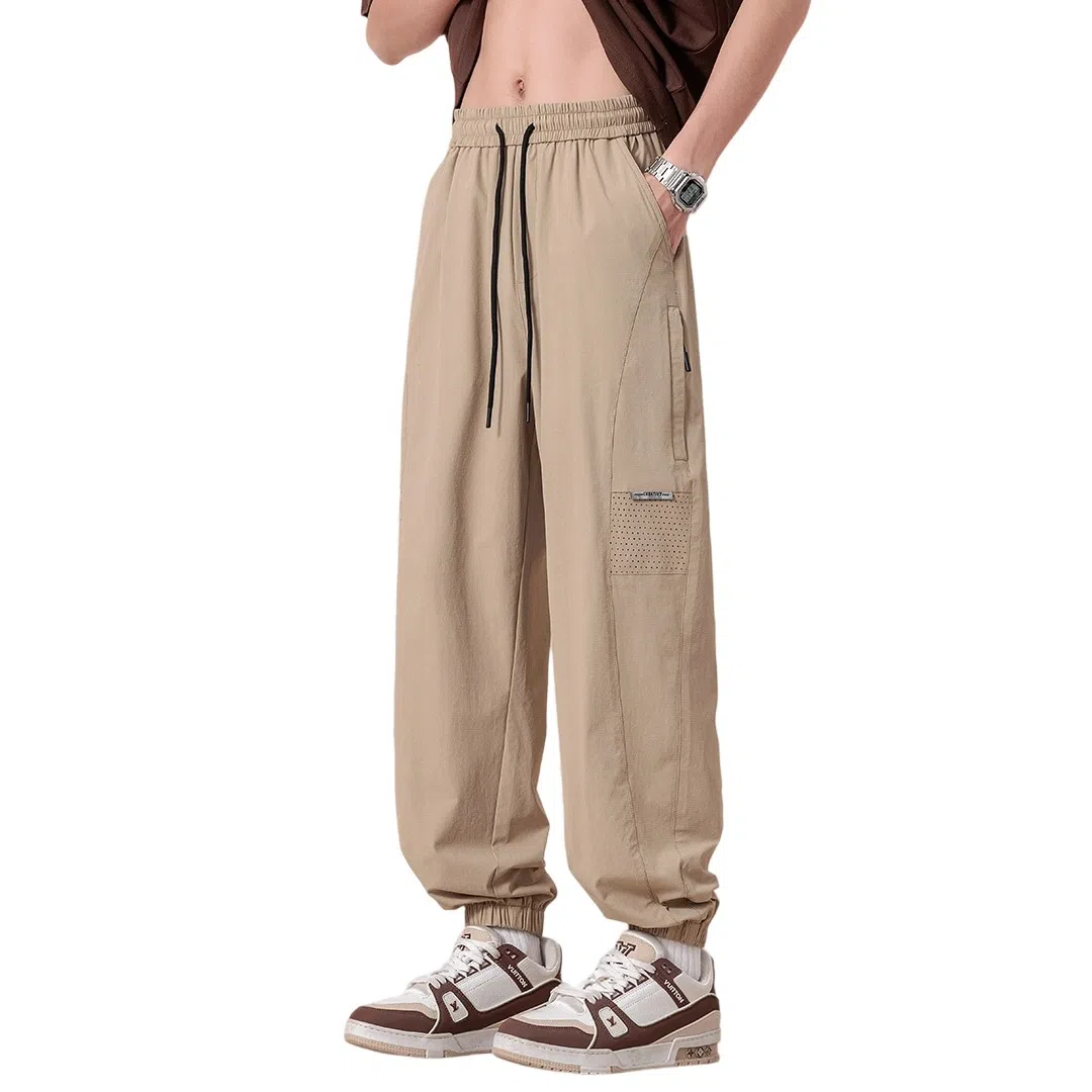 顶峰保罗 冰丝网孔潮牌薄款垂感无性别主义束脚长裤时尚百搭设计感直筒宽松运动抽绳大码休闲裤 男女同款