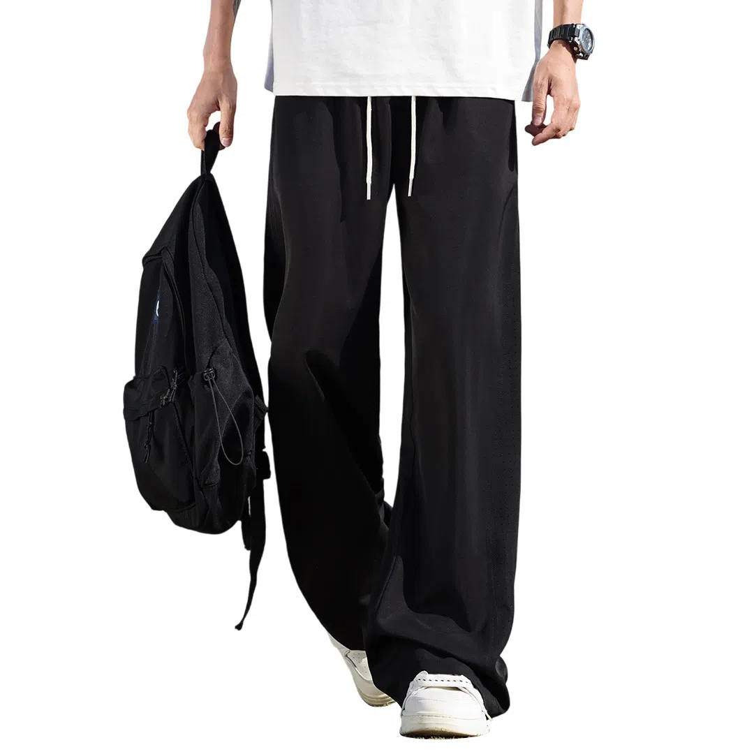 顶峰保罗 冰丝网眼透气纯色薄款无性别主义垂感阔腿长裤弹力户外健身运动百搭抽绳显高直筒宽松休闲裤 男女同款