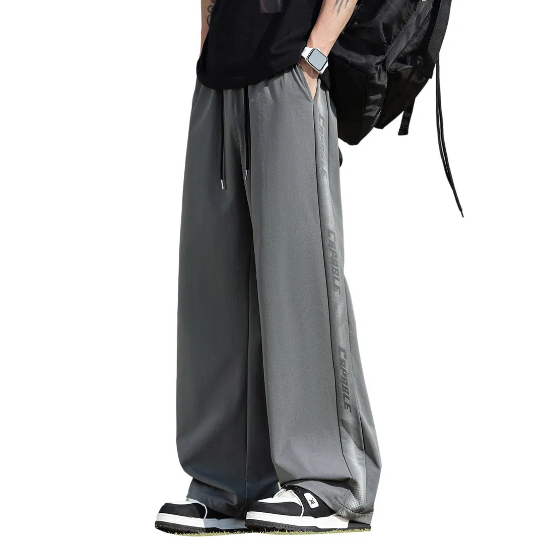 顶峰保罗 美式冰丝侧边条纹薄款潮牌垂感宽松阔腿无性别主义直筒运动长裤百搭弹力抽绳显高垂顺休闲裤 男女同款