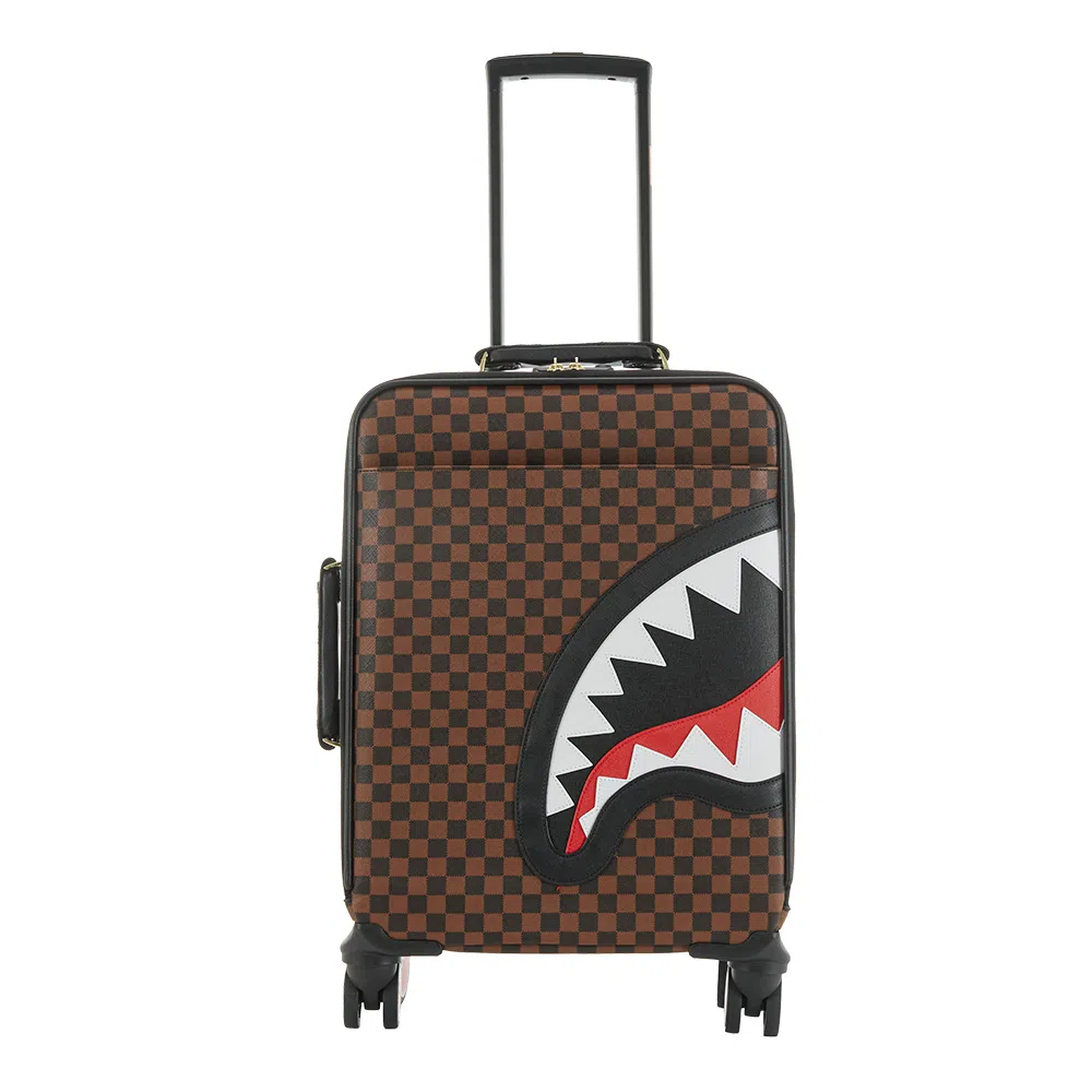 SPRAYGROUND Shark Logo Checkerboard PVC Luggage 18 Inch Brown