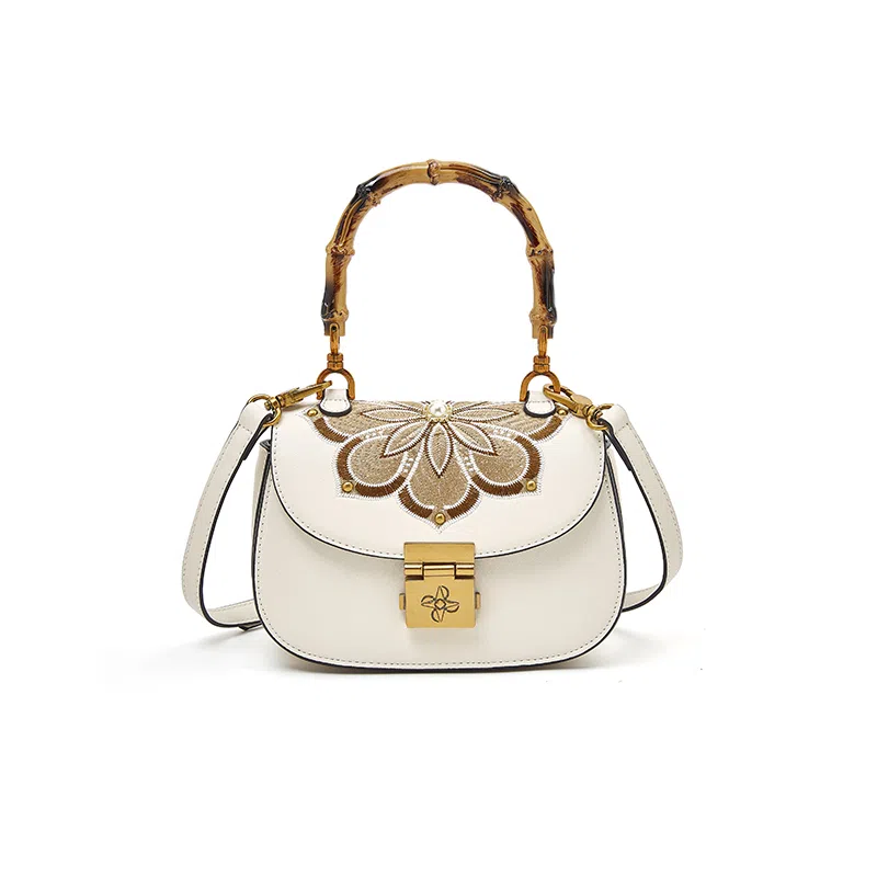 老人头 国风新中式气质刺绣百搭通勤马鞍包 合成革 手提包 女款 多色