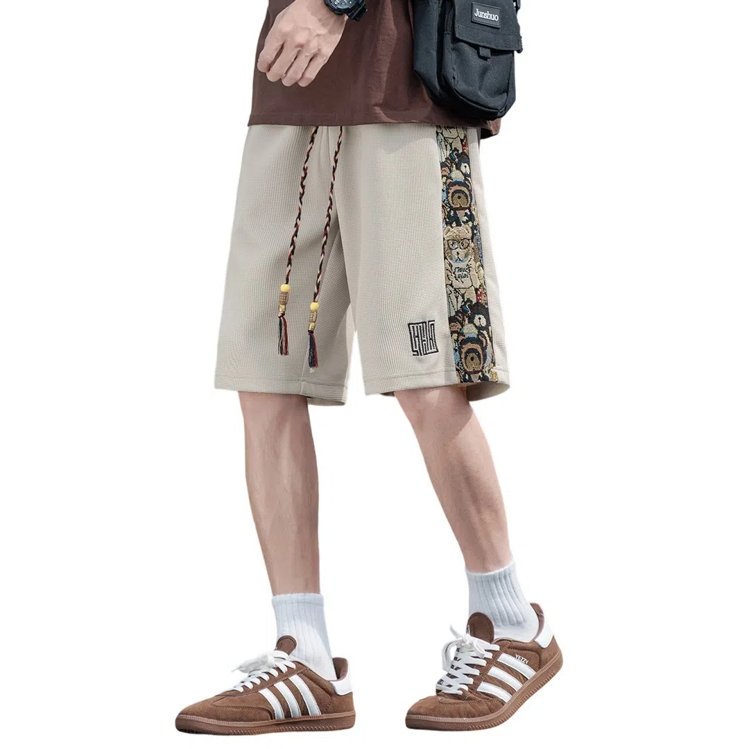 顶峰保罗 中式潮牌痞帅潮流刺绣运动无性别主义五分裤子薄款加肥加大码国风时尚百搭设计感休闲短裤 男女同款