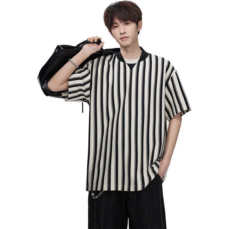 顶峰保罗 竖条纹拼接撞色复古打底衫上衣日系潮牌宽松小众百搭凉感薄款舒适翻领短袖衬衫 男女同款