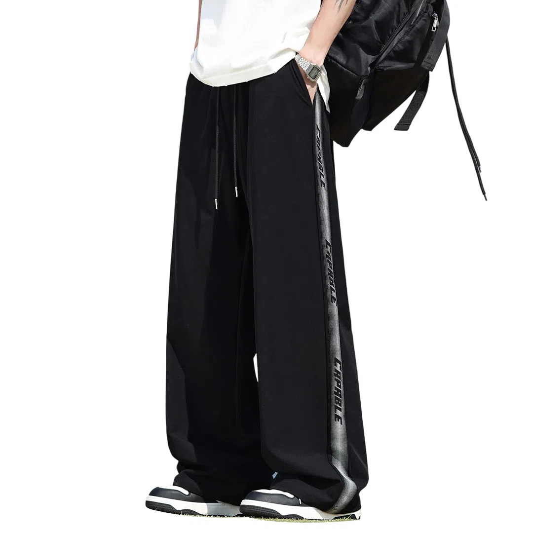 顶峰保罗 美式冰丝侧边条纹薄款潮牌垂感宽松阔腿无性别主义直筒运动长裤百搭弹力抽绳显高垂顺休闲裤 男女同款