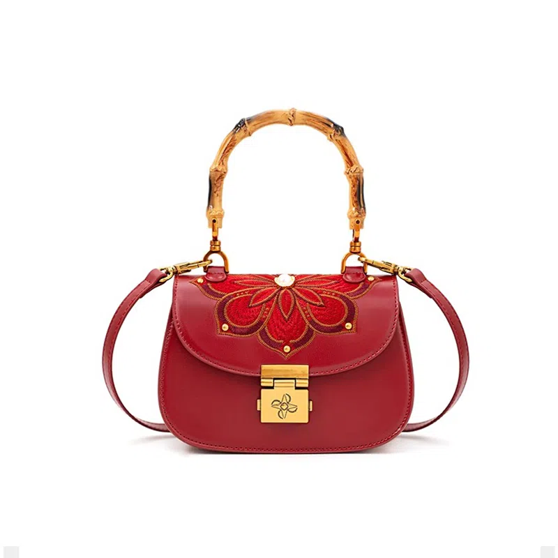 老人头 国风新中式气质刺绣百搭通勤马鞍包 合成革 手提包 女款 多色