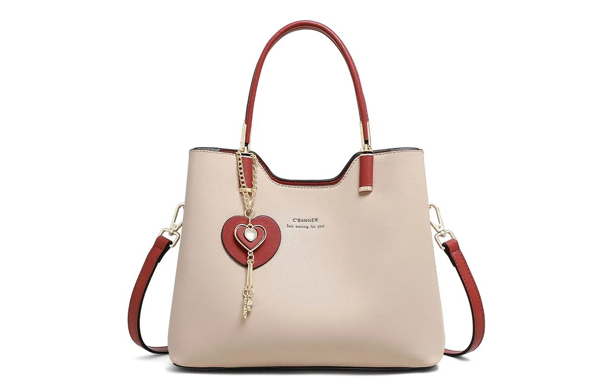 C°BANNER Elegant Colorblock Medium Leather Tote Apricot Brick Red