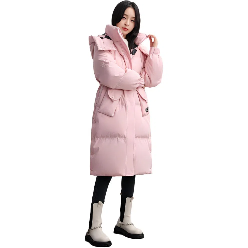 鸭鸭 简约宽松中长纯色棋盘格连帽拉链口袋加厚长袖羽绒服 女款