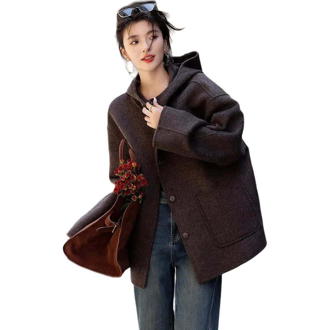 【dme】 纯色连帽厚款单排扣长袖大衣 女款