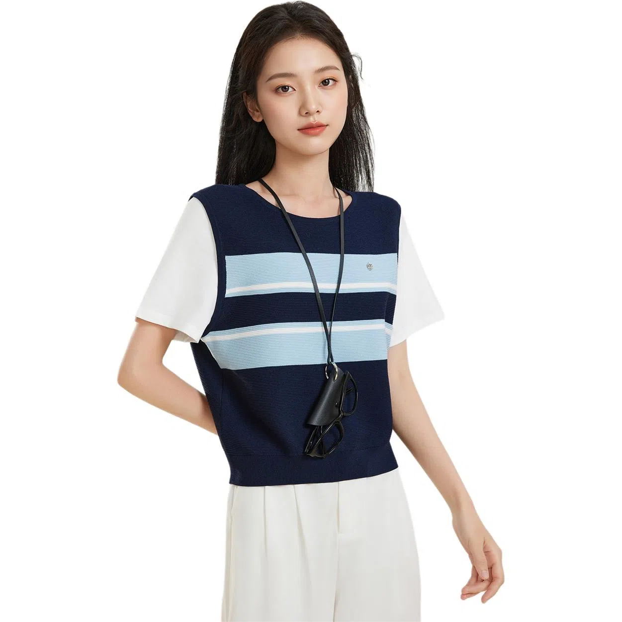 爱依服 通勤气质条纹短袖针织衫 女款