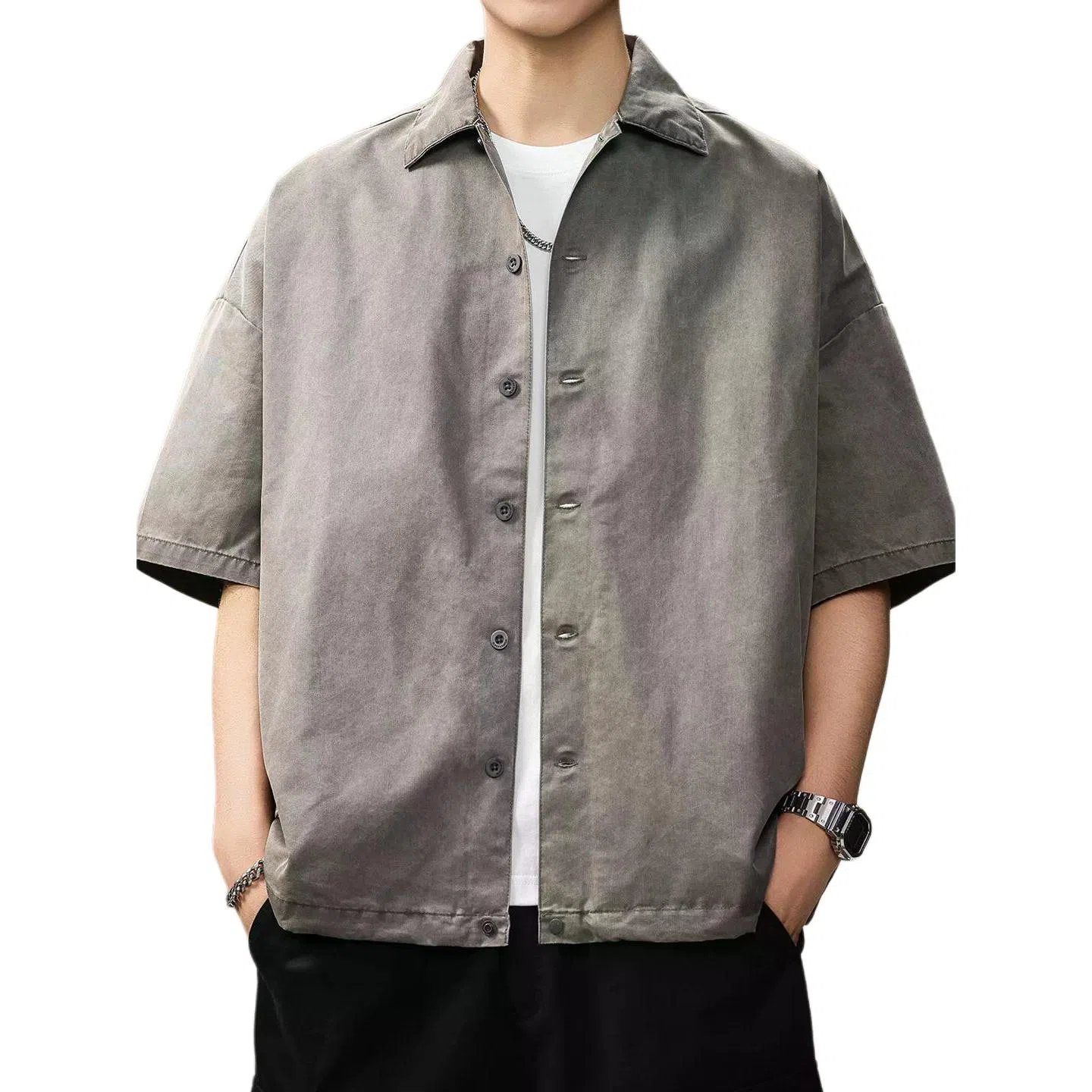 贵色 夏季 日系中性穿搭潮流复古水洗做旧短袖男士时尚纯色简约立体裁剪单排扣设计潮牌翻领休闲半袖衬衣外套衬衫 宽松 男款