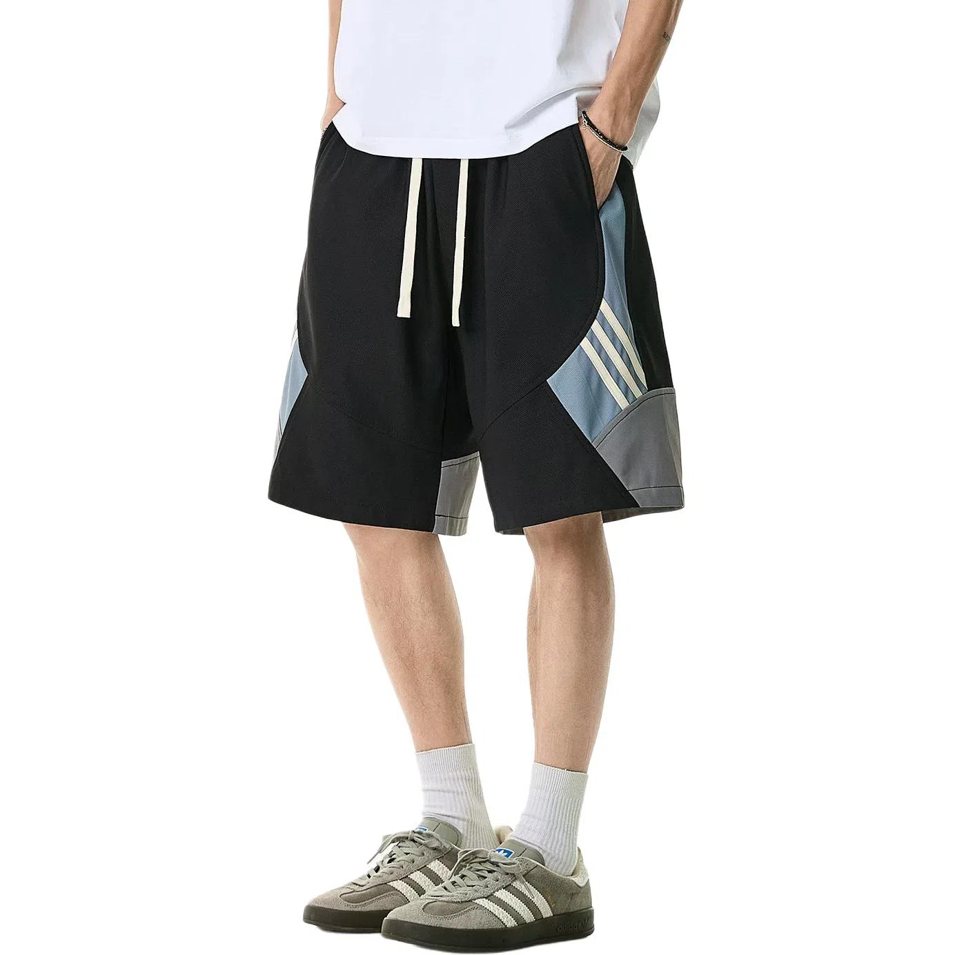 米素力 透气夏季薄款条纹休闲裤中腰五分裤篮球裤 男款