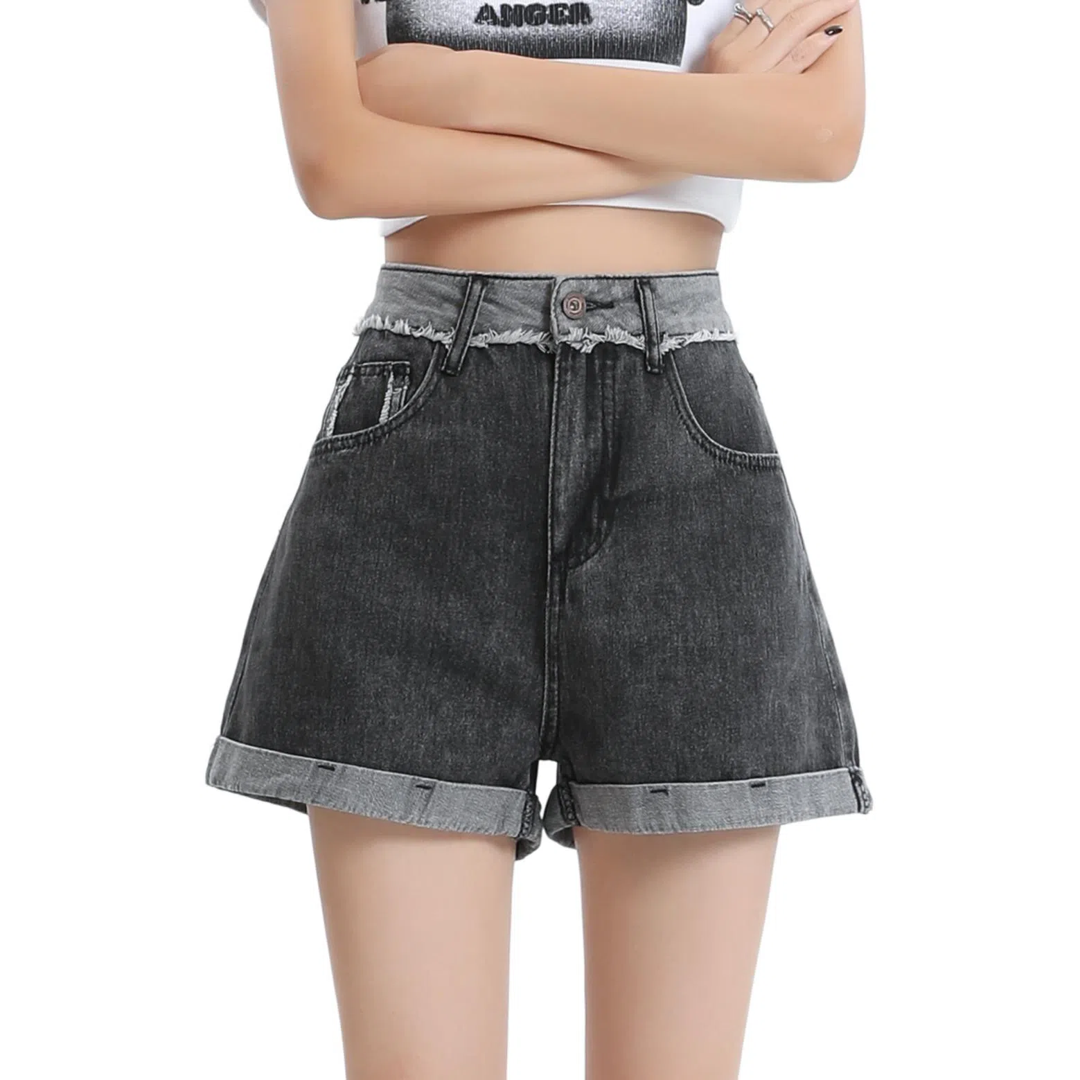 玫丝朵 水洗毛边高腰翻边直筒牛仔短裤 女款