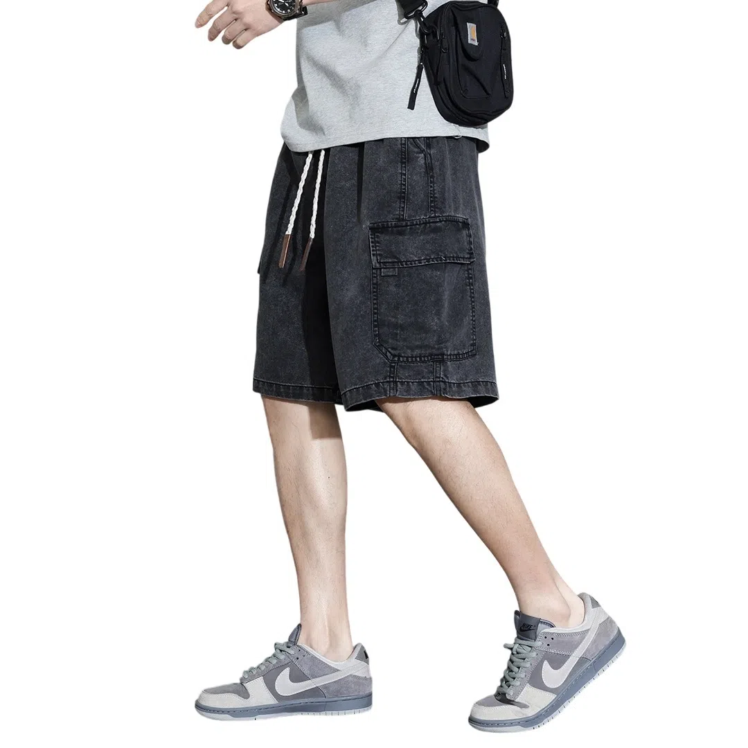 顶峰保罗 无性别主义宽松潮牌百搭直筒工装薄款五分牛仔短裤 男女同款