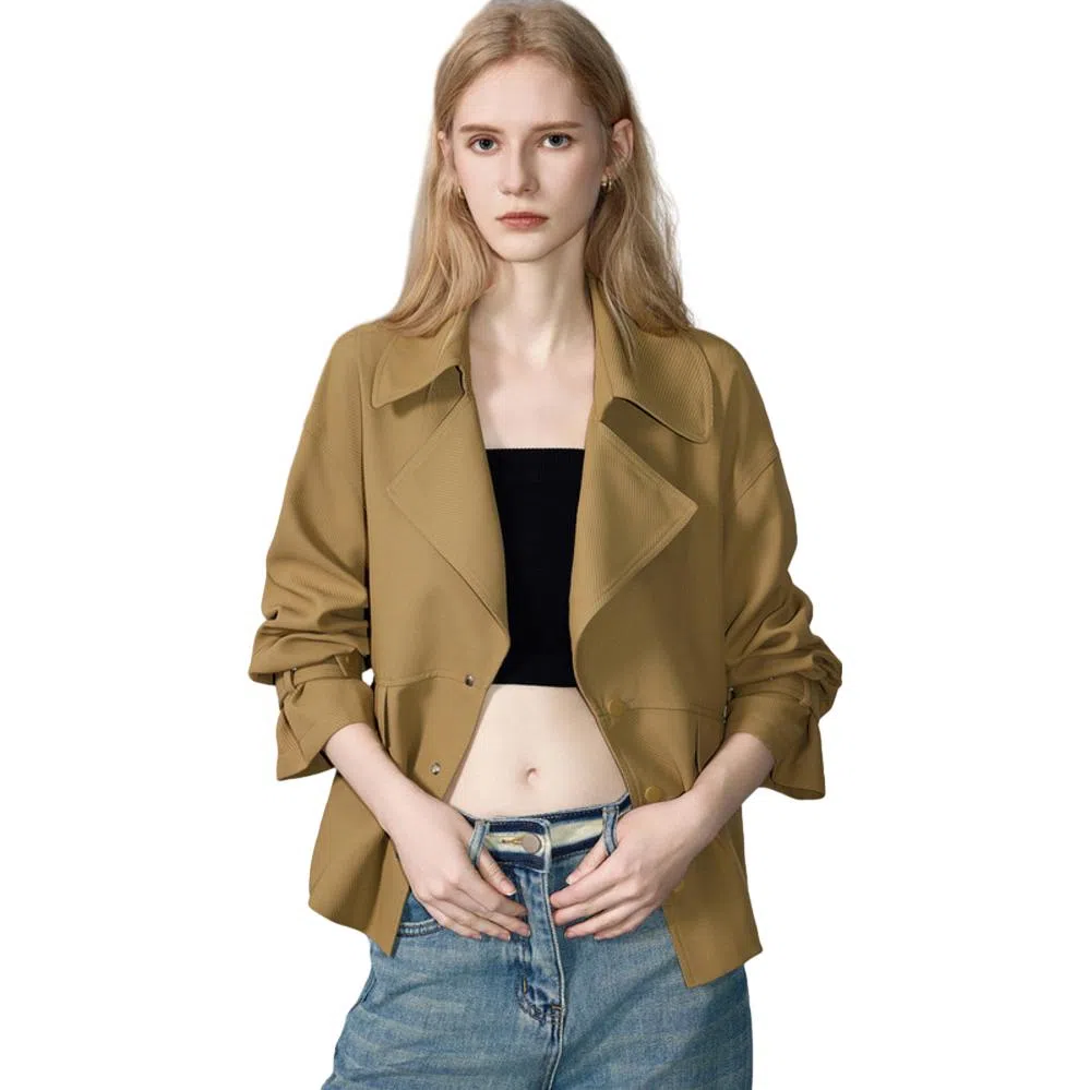 【dme】 纯色翻领单排扣长袖宽松夹克外套 女款 卡其