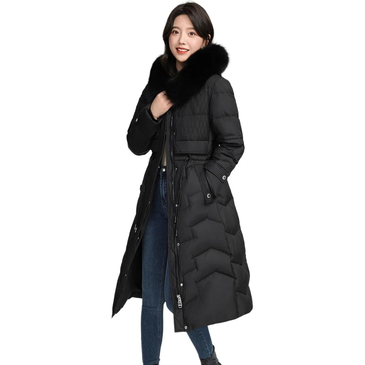 鸭鸭 纯色连帽拉链保暖中长款长袖羽绒服 女款