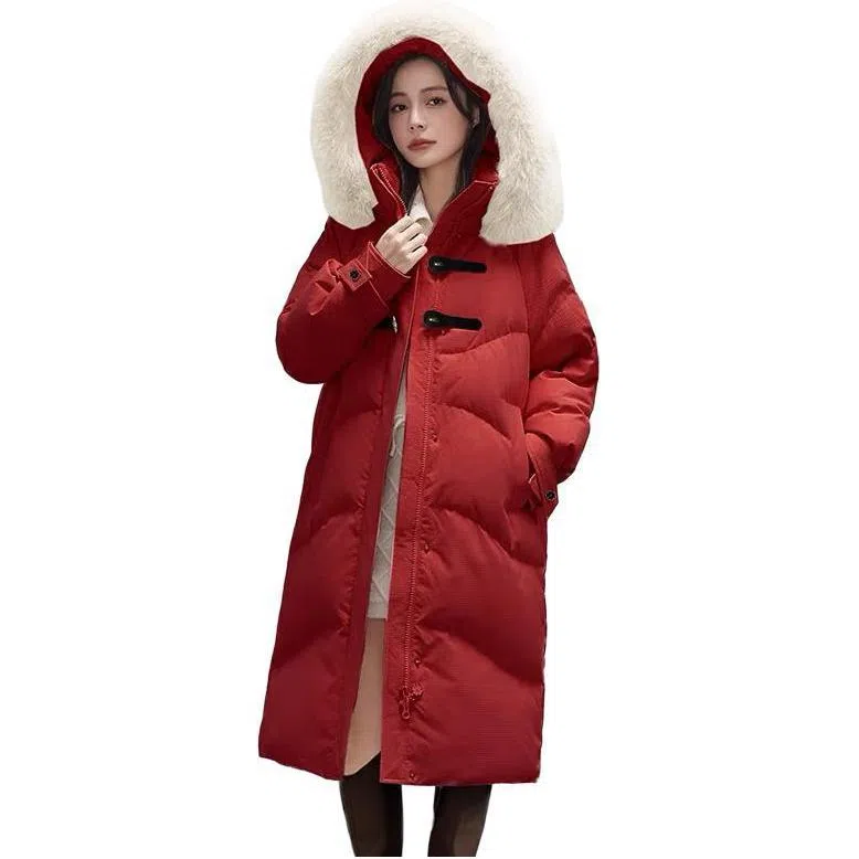 鸭鸭 舒适休闲经典保暖时尚加厚宽松连帽中长款羽绒服 女款
