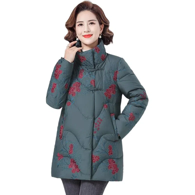 鸭鸭 植物花灰立领长袖羽绒服 女款