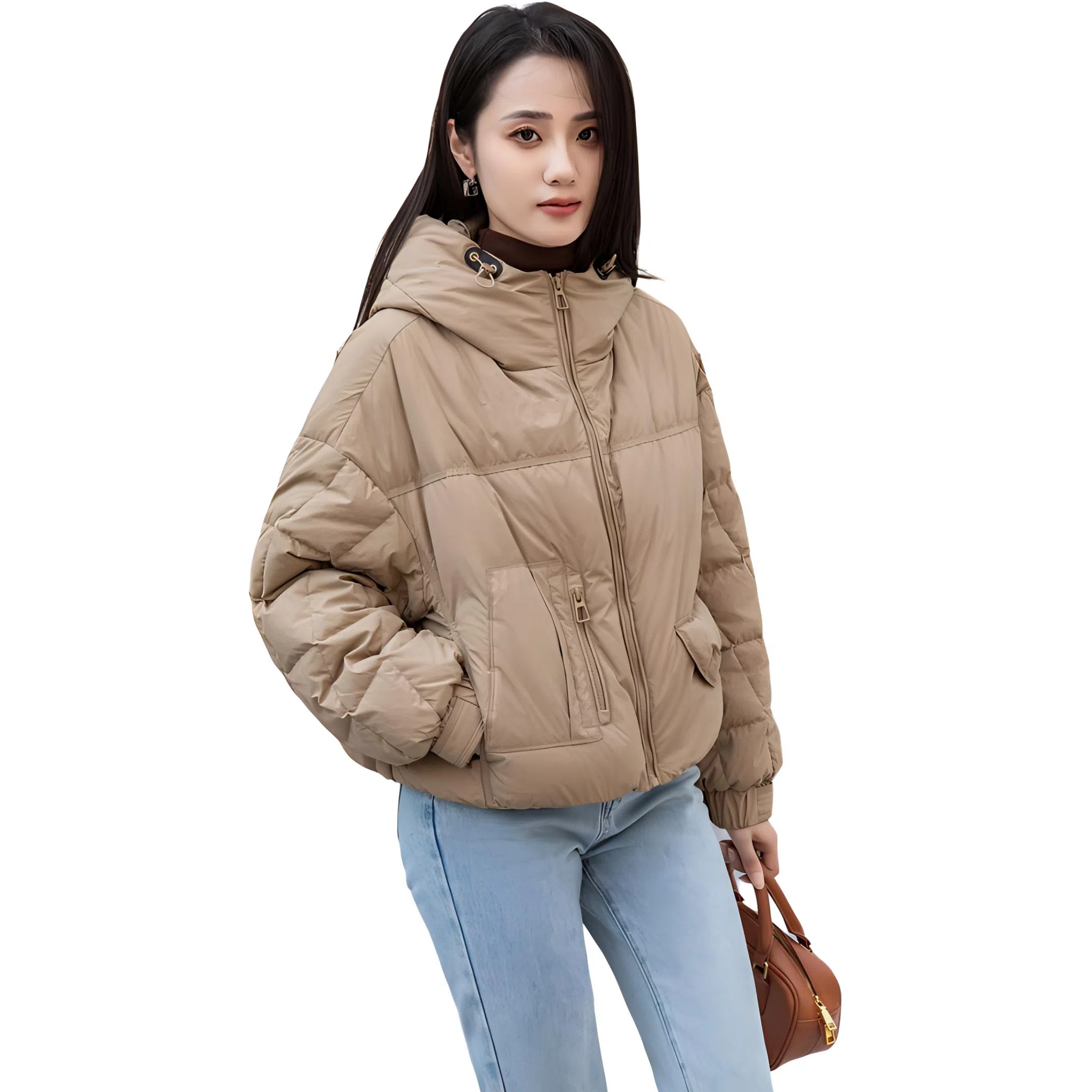 鸭鸭 纯色时尚休闲连帽简约宽松长袖羽绒服 女款