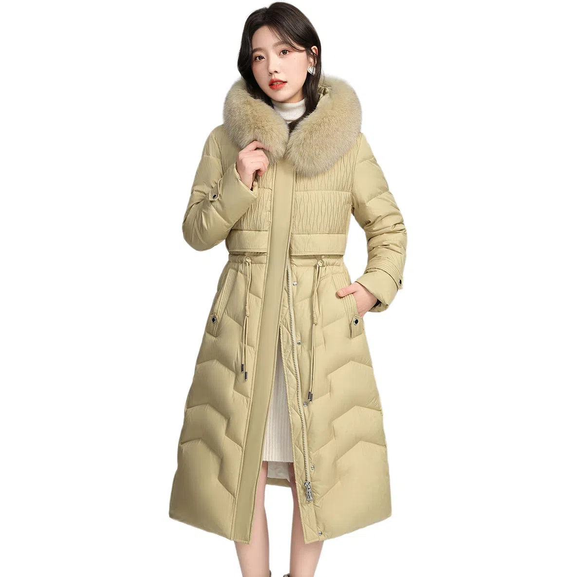 鸭鸭 纯色连帽拉链保暖中长款长袖羽绒服 女款