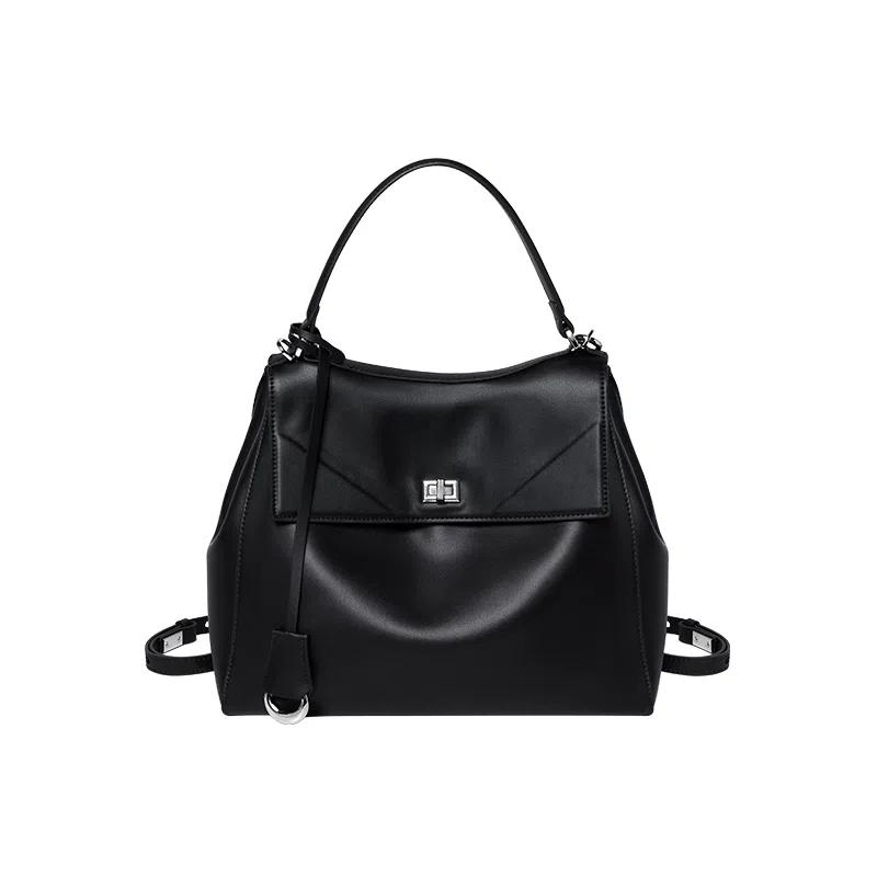 纳兰杜 高级感休闲通勤百搭简约慵懒松弛感 牛皮拼合成革 单肩手提包 中号 女款 绅士黑/米白色/大象灰