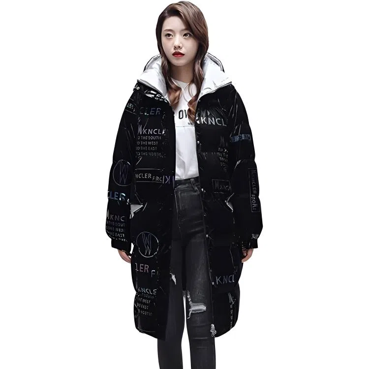 鸭鸭 中长款连帽时尚撞色亮面羽绒服 女款