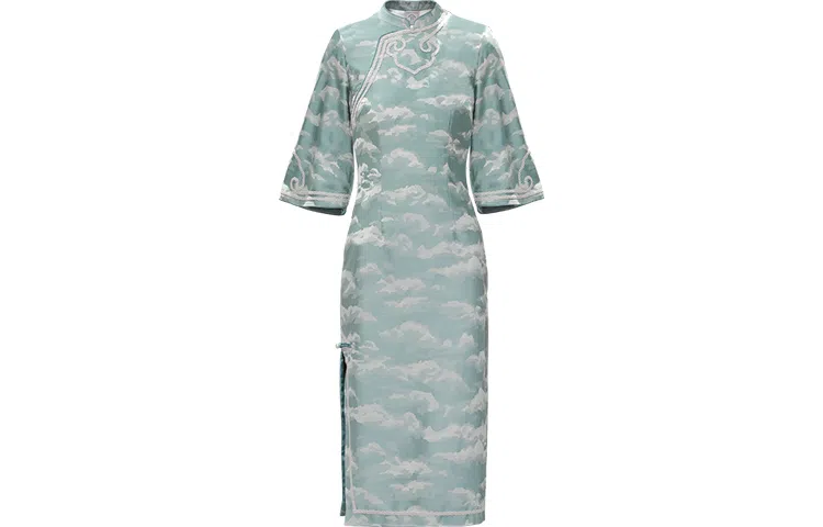 槿爷东方 云清灰姑娘 如意纹长袖旗袍 女款 青绿色