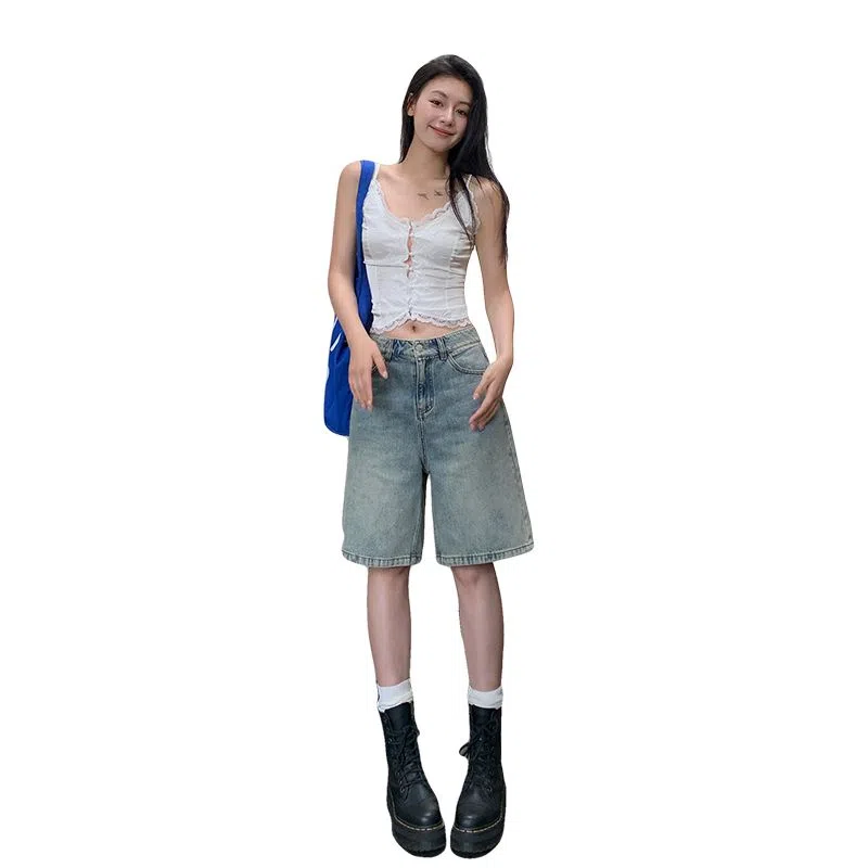 淑好百 复古高腰宽松小个子直筒五分牛仔短裤 女款