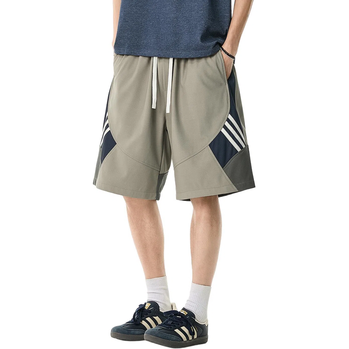 米素力 透气夏季薄款条纹休闲裤中腰五分裤篮球裤 男款