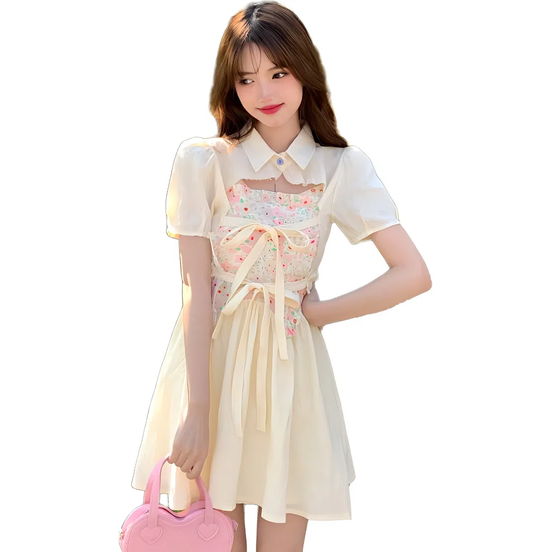 哒头下雨不愁 田园风纯欲碎花吊带连衣裙奶甜减龄短袖罩衫裙装套装 女款